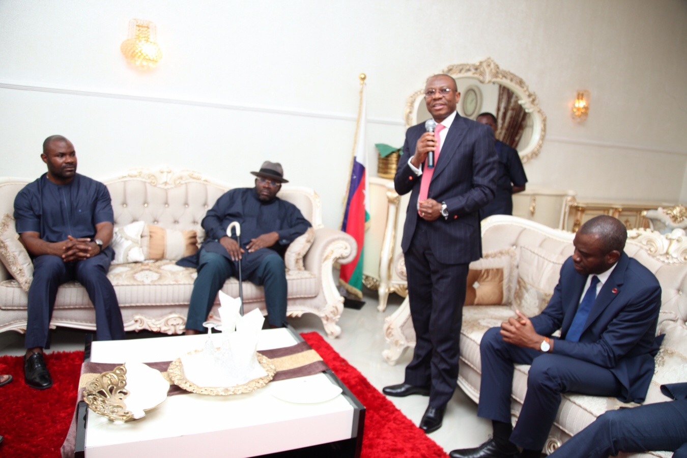Immediate past MD/CEO of Sterling Bank, Mr. Yemi Adeola (2ndright) speaking during a condolence visit to the Governor of Bayelsa , Hon. Seriake Dickson (2nd left) at Toru-Orua in Sagbama Local Government Area of the State, while the MD/CEO of the Bank, Mr. Abubakar Suleiman (right) and Mr. Akpos Dickson (left) look on.