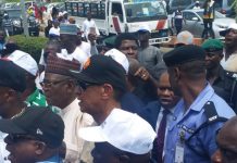 BREAKING: Police fire teargas, shoot at Saraki, Dogara, Ben Bruce, others at INEC office