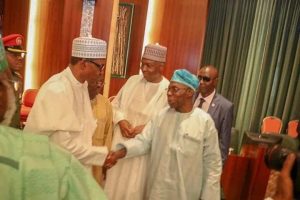 President Buhari with Former President Olusegun Obasanjo, Former President Goodluck Jonathan and Senate President Bukola Saraki as he presides over National Council of State Meeting in State House Abuja