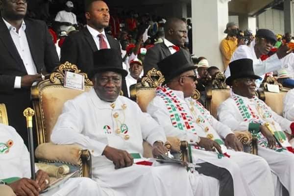 Former President Goodluck Jonathan, PDP National Chairman Prince Uche Secondus and the PDP Presidential Candidate Atiku Abubakar During the Presidential Rally In Yenagoa