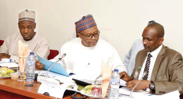 From left: Director of Budget, State House, Abdulkarim Isiyaku; Permanent Secretary, State House, Jalal Arabi; and Director, Finance & Account, Bashir Alkali, at the budget defence before the Senate Committee on Federal Character and Inter-Governmental Affairs at the National Assembly Complex Abuja yesterday.