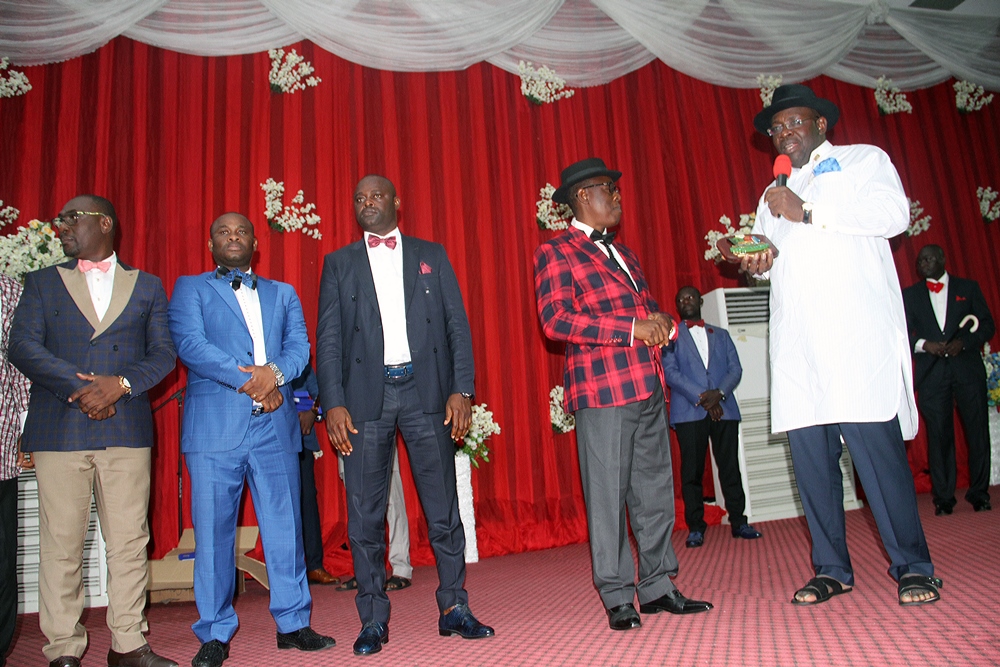 From Right: Bayelsa State Governor, Hon. Seriake Dickson, Speaker, Bayelsa State House of Assembly, Rt. Hon. Konbowei Benson, his Deputy, Hon. Abraham Ingobere, Leader of the House, Hon.(Pst) Peter Akpe, and the Chief Whip of the House, Hon. Tonye Isenah, during the presentation of special souvenirs to the members of the State House of Assembly, by the Governor, at a state dinner in honour of the 5th Assembly, at the Chief DSP Alamieyeseigha Memorial banquet hall, Government House, Yenagoa.