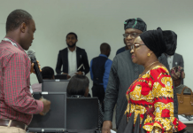 L-R: A beneficiary of the Huawei ICT Training, Permanent secretary, Civil Services, office of the Secretary to the Government of the Federation, Mr. Olusegun Adekunle; Director General, Head of the Civil Service of the Federation, Mrs. Winifred Oyo-Ita; during the visit to Huawei Technologies Company Nigeria Limited, on the close out phase of the MoU between the federal government of Nigeria and Huawei Technologies Company to train 1000 civil servants as part of the ICT for Change programme in Abuja