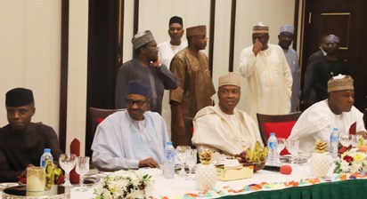 From left: Vice President Yemi Osinbajo; President Muhammadu Buhari; Senate Presient, Bukola Saraki and the Speaker House of Representatives, Yakubu Dogara during the dinner hosted by the Presidency for the leadership of the National Assembly at the State House Banquet Hall, Presidential Villa, Abuja. Photo by Abayomi Adeshida 31/10/ From left: Vice President Yemi Osinbajo; President Muhammadu Buhari; Senate Presient, Bukola Saraki and the Speaker House of Representatives, Yakubu Dogara during the dinner hosted by the Presidency for the leadership of the National Assembly at the State House Banquet Hall, Presidential Villa, Abuja. Photo by Abayomi Adeshida 31/10/