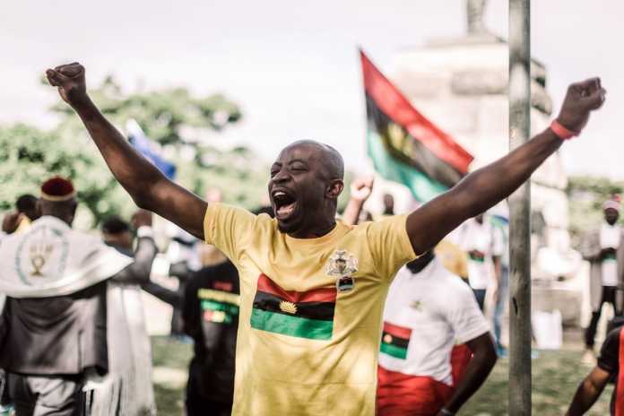File: A protester gestures as he takes part in a demonstration in Durban, South Africa, on May 30, 2019 during a Freedom March for Biafra held worldwide. (Photo AFP) File: A protester gestures as he takes part in a demonstration in Durban, South Africa, on May 30, 2019 during a Freedom March for Biafra held worldwide. (Photo AFP)