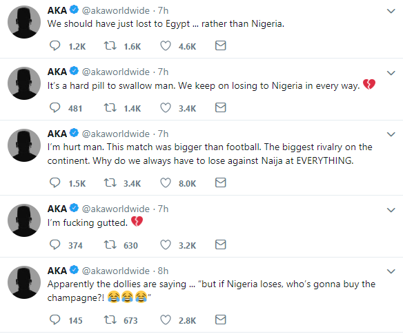AFCON: “Why do we always have to lose against Naija at everything?” SA rapper, AKA cries