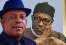 National Chairman of the Peoples Democratic Party (PDP), Prince Uche Secondus and President Muhammadu Buhari