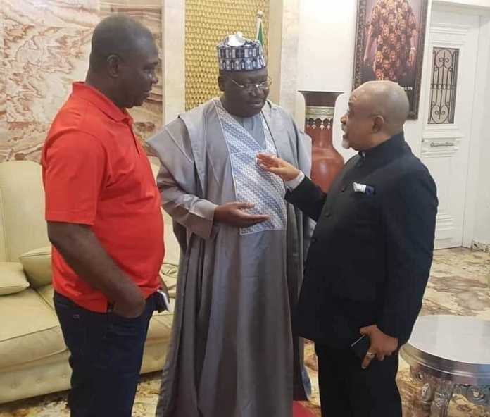 President of the Senate, Ahmad Ibrahim Lawan (middle) discussing with former Deputy Senate President, Senator Ike Ekweremadu (left) and former Minister of Labour, Senator Chris Ngige President of the Senate, Ahmad Ibrahim Lawan (middle) discussing with former Deputy Senate President, Senator Ike Ekweremadu (left) and former Minister of Labour, Senator Chris Ngige