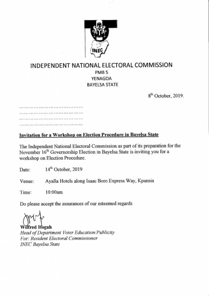 INEC to Train Bloggers and other Professional Media handlers in Bayelsa ahead of the November 16th Gubernatorial Poll on Election Procedures