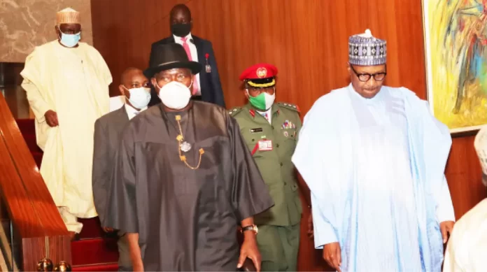 ECOWAS Special Envoy on the crisis in Mali, former President Goodluck Jonathan (left) with President Muhammadu Buhari, after a meeting on Mali at the Presidential Villa in Abuja yesterday