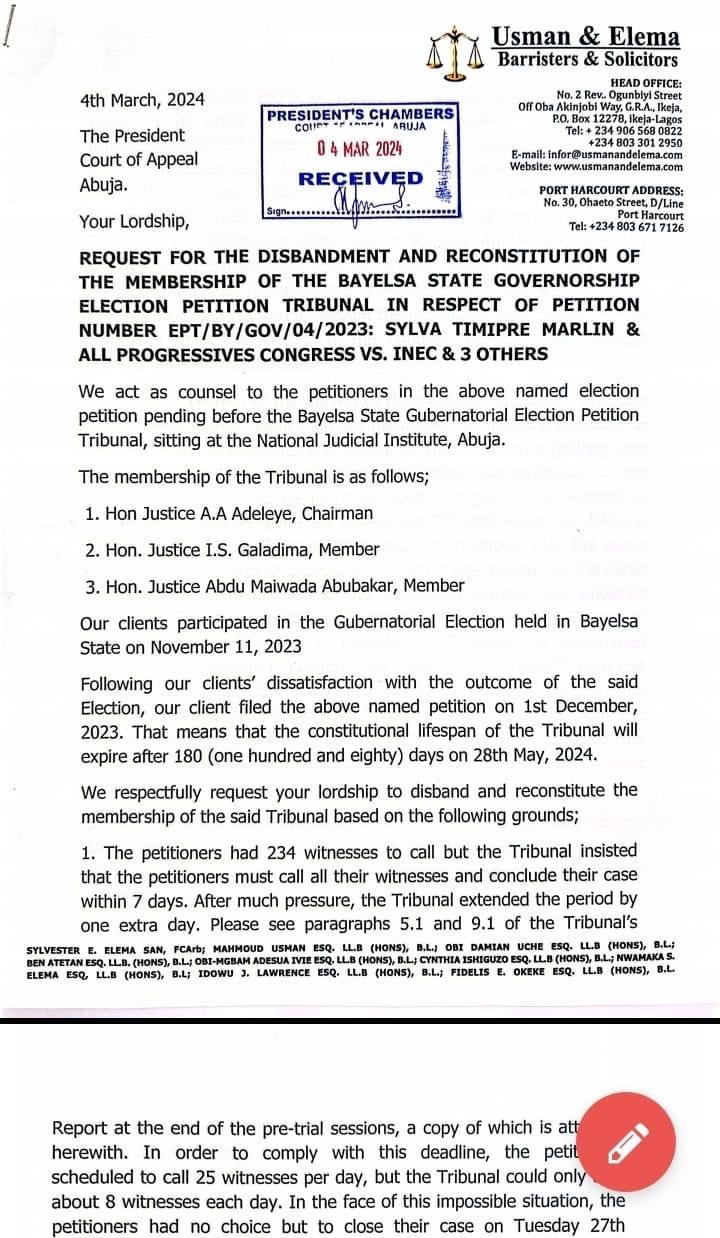 Bayelsa guber: APC, Sylva pass vote of no confidence on tribunal, seek disbandment