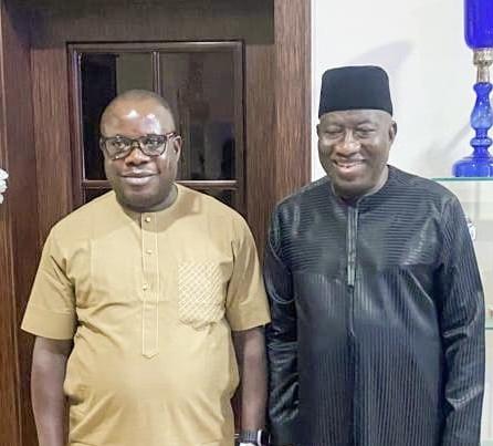 Former President Dr. Goodluck Jonathan (right) with Chief Dennis Otuaro, PhD, the Administrator of the Presidential Amnesty Programme (left) posed for a photograph immediately after the consultative meeting with between the former president and the PAP administrator in Abuja.