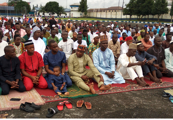 Muslims faithful observing the Eid el-Kabir prayers at the Warri Naval Base in Delta