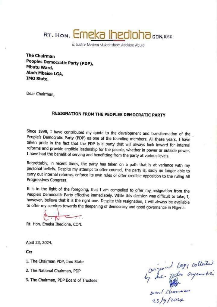 Emeka Ihedioha resigned from PDP
