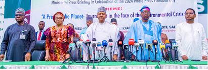 From left: Special Adviser to the President on Information and Strategy, Mr Bayo Onanuga; Permanent Secretary, Federal Ministry of Information and National Orientation, Dr Ngozi Onwudiwe; Minister of Information and National Orientation, Alhaji Mohammed Idris; Minister of State, Environment and Ecological Management, Dr Iziaq Adekunle Adeboye Salako and the Head UNESCO Office Abuja, Mr Abdourahamane Diallo, at the 2024 World Press Freedom Day organised by the Federal Ministry of Information in collaboration with UNESCO in Abuja on Friday