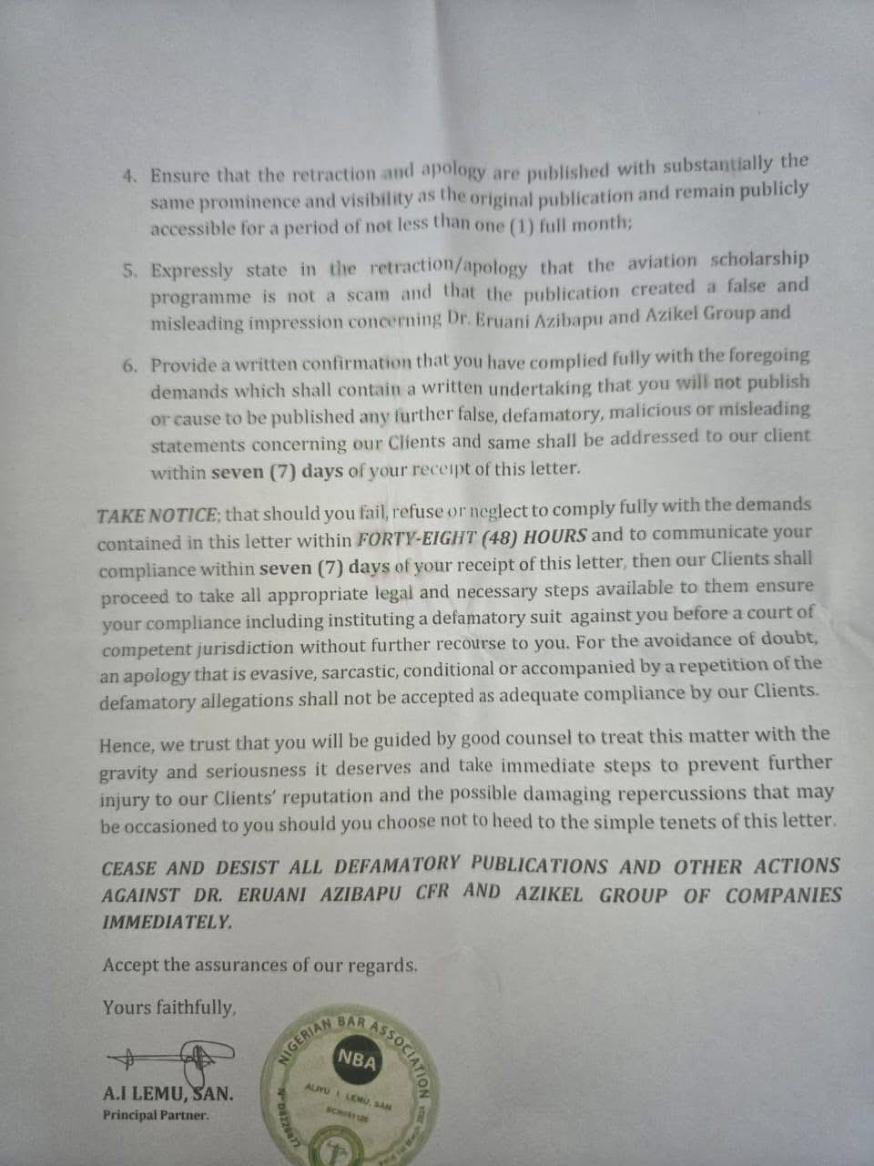 AZIKEL GROUP, DR. ERUANI THREATEN TO SUE PEREKEME FIDELIS OVER ALLEGED DEFAMATORY PUBLICATION