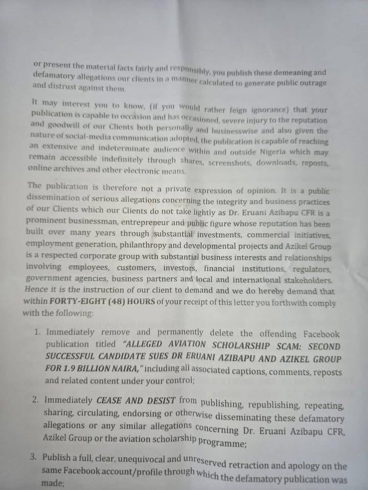 AZIKEL GROUP, DR. ERUANI THREATEN TO SUE PEREKEME FIDELIS OVER ALLEGED DEFAMATORY PUBLICATION