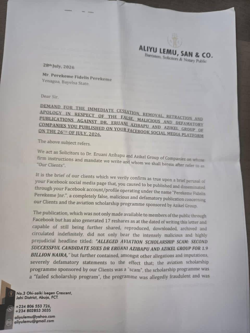 AZIKEL GROUP, DR. ERUANI THREATEN TO SUE PEREKEME FIDELIS OVER ALLEGED DEFAMATORY PUBLICATION